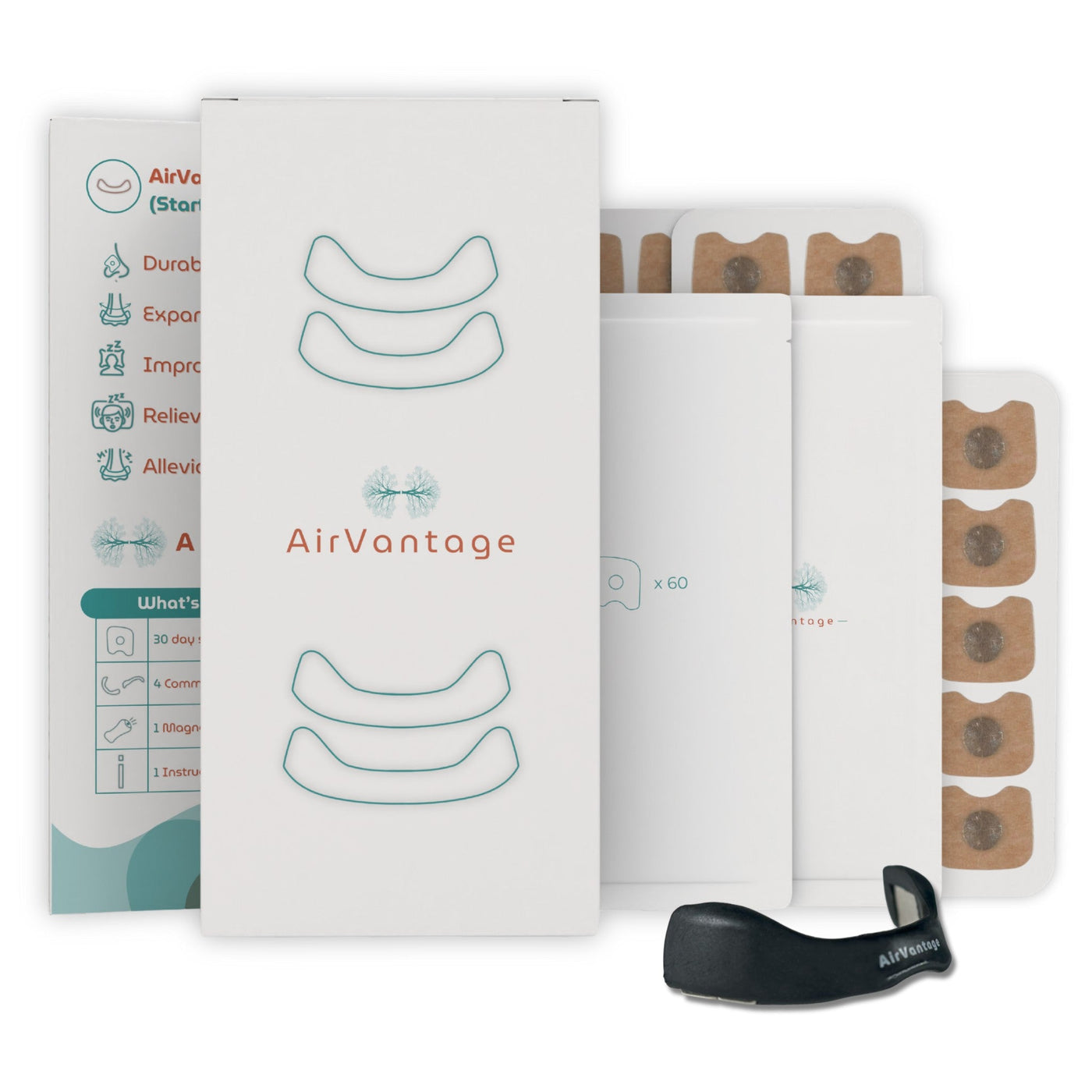 AirVantage AirMag Collection displayed with both front and back packaging boxes, replacement adhesive tabs, and a black magnetic nasal strip designed to open and support the nasal airway.