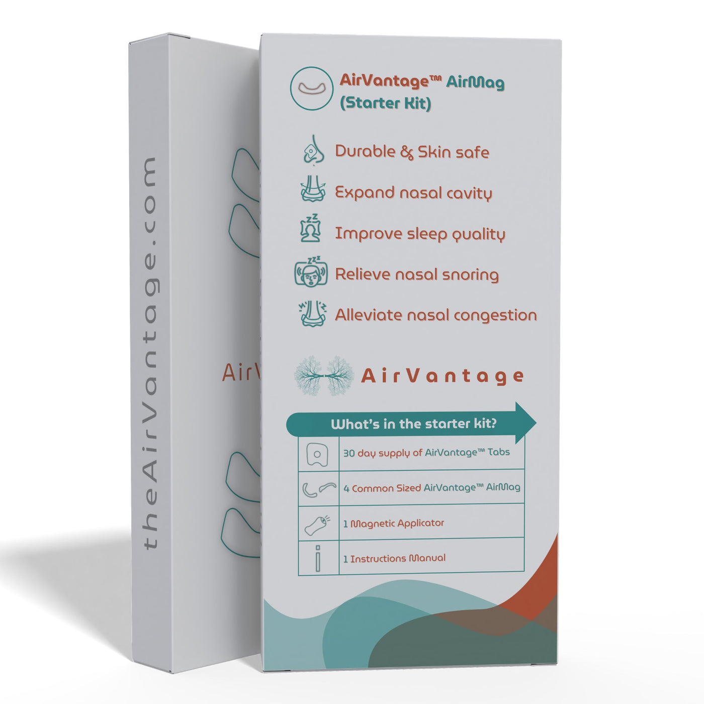 AirVantage AirMag Magnetic Nasal Dilator Packaging side view and back viewing showing what is included in the starter kit