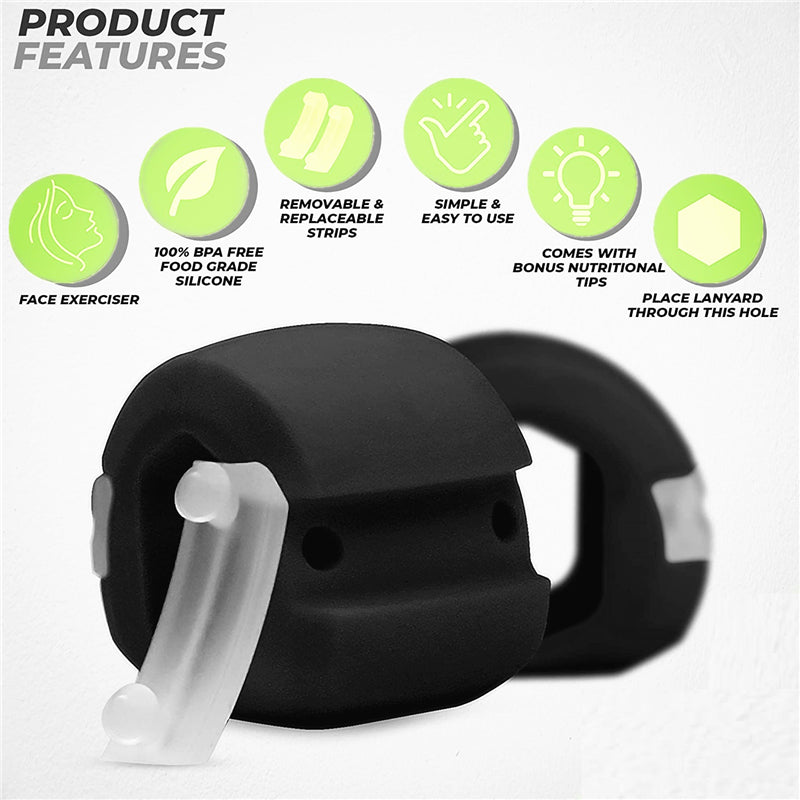 Close-up of the AirVantage Jaw exerciser in black, highlighting features such as BPA-free food-grade silicone, removable strips, and ease of use.