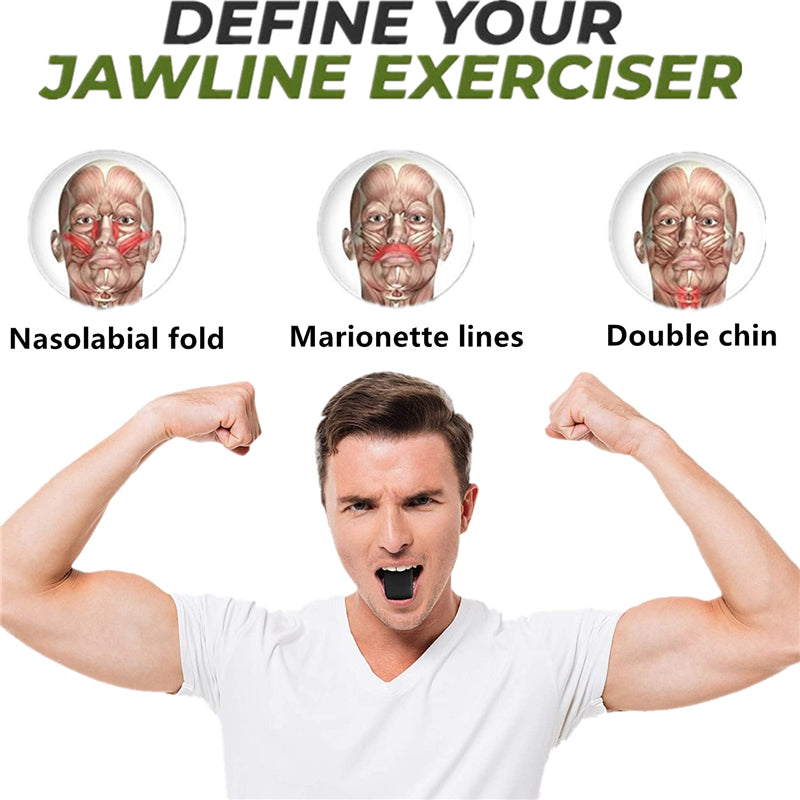 Man using the AirVantage Jaw exerciser with anatomical illustrations showing targeted facial muscles, including nasolabial folds, marionette lines, and double chin.