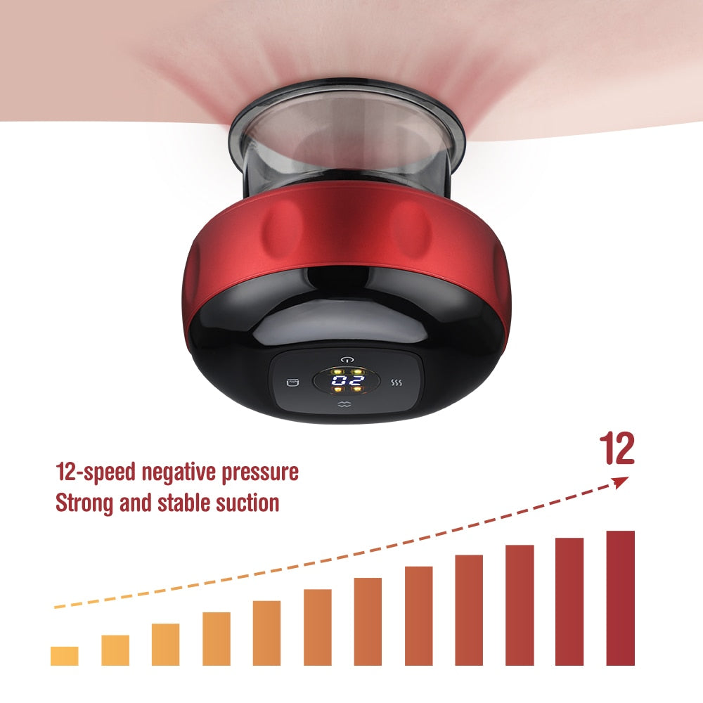 AirVantage Smart Cupping Therapy device demonstrating strong suction on the skin, featuring a 12-speed adjustable negative pressure system for customizable massage intensity.