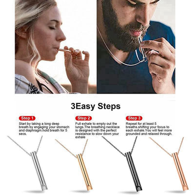Man and woman using the AirVantage ZenFlow deep breathing necklace for relaxation, with step-by-step breathing instructions and four color variations of the necklace displayed.