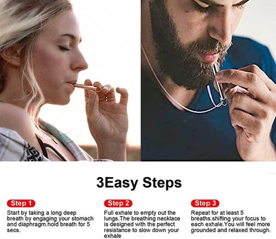 Close-up of a woman and a man using the AirVantage ZenFlow breathing necklace, demonstrating deep breathing techniques with a step-by-step guide for relaxation and mindfulness.