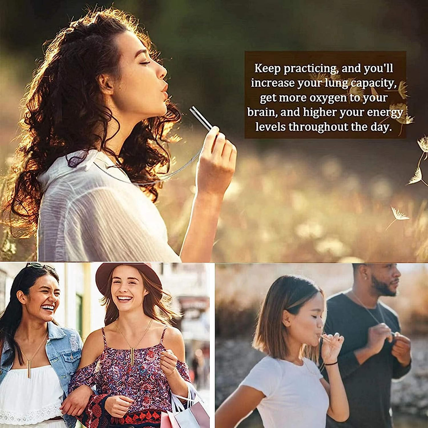 People using the AirVantage ZenFlow breathing necklace in various outdoor settings, highlighting its benefits for mindfulness, relaxation, and increased energy levels.